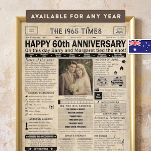 60th anniversary gift for parents or grandparents, 60 year anniversary, Printable poster containing news & events from 1965 in AUS