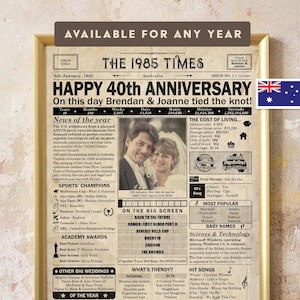 May include: A vintage newspaper-style design with a headline that reads "Happy 40th Anniversary". The newspaper is dated 5th January 1985, and features a photo of a couple. The newspaper includes sections such as "News of the Year", "Sports Champions", "On the Big Screen", "Academy Awards", "What's Trendy?", "Most Popular Baby Names", "Science & Technology", and "Hit Songs".