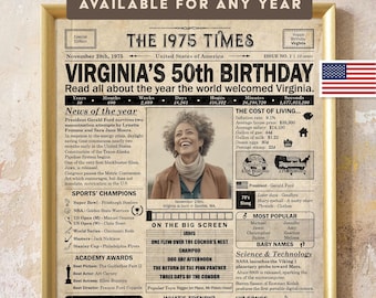 50th Birthday gift for husband, wife, sibling or friend | 1975 Birthday Poster | Printable birthday party decor | Newspaper design | USA