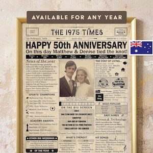 May include: A vintage newspaper-style print with a headline that reads "Happy 50th Anniversary". The print features a photo of a couple, a timeline of events from 1975, and a list of popular songs and movies from that year. The print is designed to look like an old newspaper with yellowed edges and faded ink.
