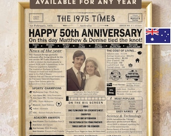 50th anniversary gift for parents or grandparents, 50 year anniversary, Printable poster containing news & events from 1975 in AUS