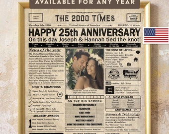 May include: A vintage newspaper-style design with a headline that reads "Happy 25th Anniversary". The newspaper is dated October 8th, 2000 and includes news headlines, sports scores, and entertainment highlights from that year. The design is perfect for a personalized anniversary gift.
