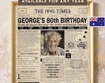 80th Birthday gift for dad, mum, grandma, grandpa | 1945 Birthday Poster | Printable birthday party decor | Newspaper design | AUS Version