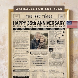 35 Jahre Jubiläum Geschenk für Eltern oder Paare, druckbares Poster mit Neuigkeiten und Ereignissen aus dem Jahr 1990 in den USA