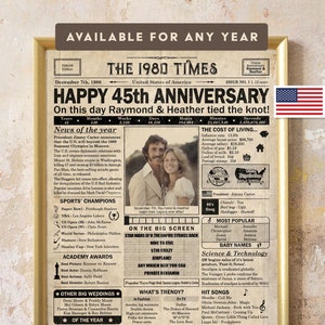 Regalo de 45 aniversario para padres o pareja, 45 aniversario, póster imprimible que contiene noticias y eventos de 1980 en EE. UU.