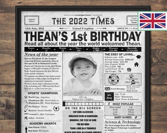 1st Birthday gift for daughter or son | Printable birthday party decor | 2022 Poster | Old newspaper design | UK | Digital Download | B&W