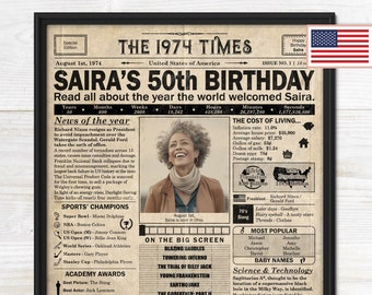 50th Birthday newspaper poster, Printable 50th birthday party decor, Birthday poster containing news & highlights from 1974 in USA