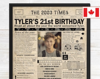 21st Birthday newspaper poster, Printable 21st birthday decoration, Birthday poster containing news & highlights from 2003 in Canada