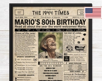 80th Birthday newspaper poster, Printable 80th birthday party décor, Birthday poster containing news & highlights from 1944 in USA