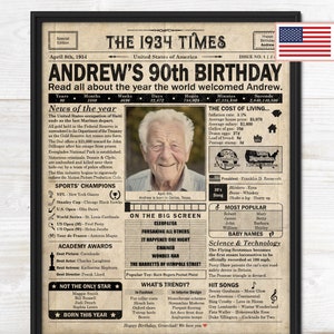90th Birthday newspaper poster, Printable 90th birthday party décor, Birthday poster containing news & highlights from 1934 in USA