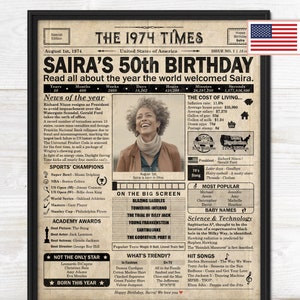 50th Birthday newspaper poster, Printable 50th birthday party decor, Birthday poster containing news & highlights from 1974 in USA