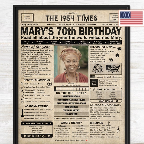 70th Birthday newspaper poster, Printable 70th birthday party decor, Birthday poster containing news & highlights from 1954 in USA