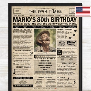 80th Birthday newspaper poster, Printable 80th birthday party décor, Birthday poster containing news & highlights from 1944 in USA