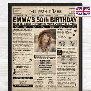 50th Birthday gift for women and men, Printable 50th birthday decoration, Birthday newspaper poster containing news & events from 1974 in UK