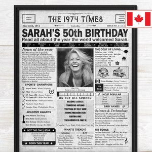 50th Birthday gift for husband or wife | Printable birthday party decor | 1974 Poster | Old newspaper design | Canada Version| Digital | B&W