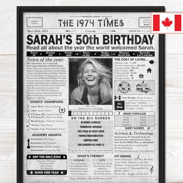 50th Birthday gift for husband or wife | Printable birthday party decor | 1974 Poster | Old newspaper design | Canada Version| Digital | B&W