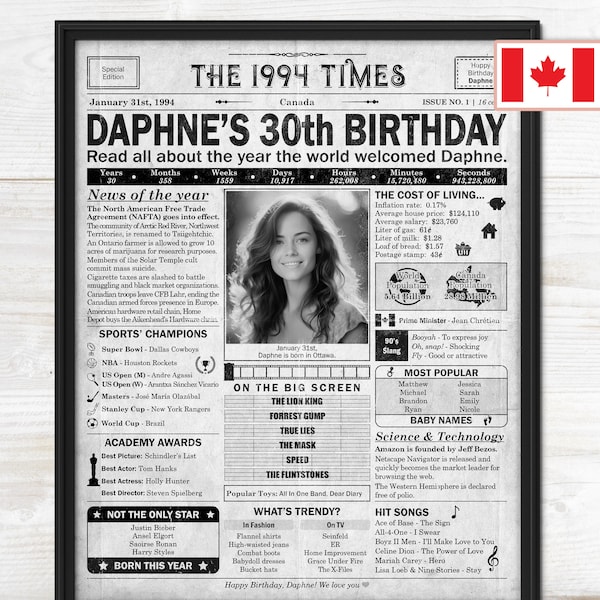 30th Birthday gift for him or her | Printable birthday party decor | 1994 Poster | Old newspaper design | Canada version | Digital | B&W