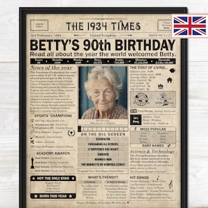 90th Birthday gift for grandma or grandad, Printable 90th birthday decoration, Birthday newspaper poster containing news from 1934 in UK