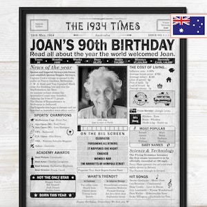 90th Birthday gift newspaper poster, Printable 90th birthday decoration, Birthday poster containing news & highlights from 1934 in Australia