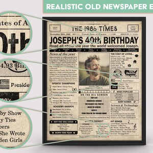 40th Birthday newspaper poster, Printable 40th birthday party decor, Birthday poster containing news & highlights from 1986 in USA image 3