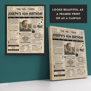 40th Birthday newspaper poster, Printable 40th birthday party decor, Birthday poster containing news & highlights from 1986 in USA image 6