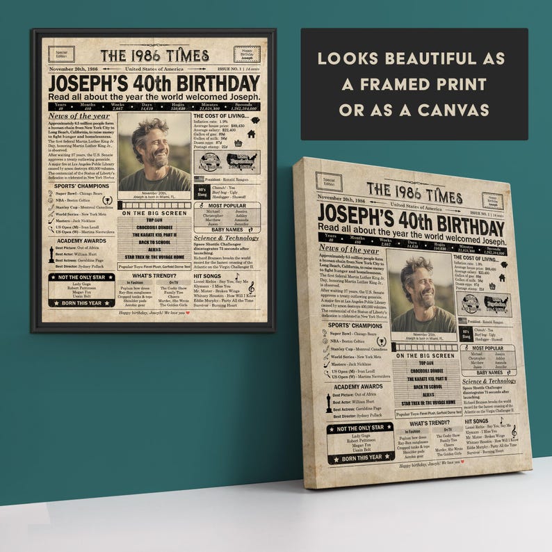 40th Birthday newspaper poster, Printable 40th birthday party decor, Birthday poster containing news & highlights from 1986 in USA image 6