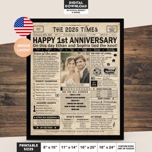 1st Anniversary gift for husband or wife | Printable paper anniversary party decor | Couple's gift | 2025 Poster | US version | Digital File image 1