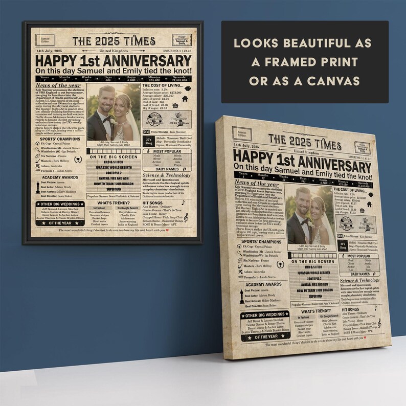 1 year anniversary, 1st anniversary gift for husband or wife, Printable paper anniversary gift containing news & highlights from 2025 in UK image 6