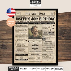 40th Birthday newspaper poster, Printable 40th birthday party decor, Birthday poster containing news & highlights from 1986 in USA