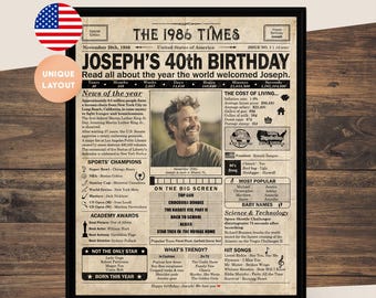 40th Birthday newspaper poster, Printable 40th birthday party decor, Birthday poster containing news & highlights from 1986 in USA