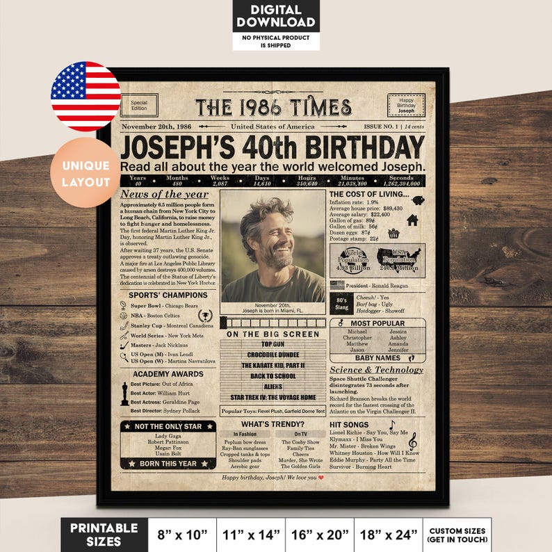 40th Birthday newspaper poster, Printable 40th birthday party decor, Birthday poster containing news & highlights from 1986 in USA image 1