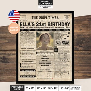Póster de periódico con regalo de cumpleaños número 21, decoración imprimible para cumpleaños número 21, póster de cumpleaños que contiene noticias y momentos destacados de 2004 en EE. UU.