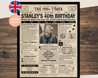 40th Birthday gift for husband, wife, friend | Printable 40th birthday decoration, Birthday newspaper poster containing news from 1986 in UK