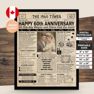 May include: A vintage newspaper-style printable poster celebrating a 60th anniversary. The poster features a photo of a couple, a headline that reads "Happy 60th Anniversary", and a timeline of events from 1965. The poster is available in various sizes, including 8x10 inches, 11x14 inches, 16x20 inches, 18x24 inches, and custom sizes.
