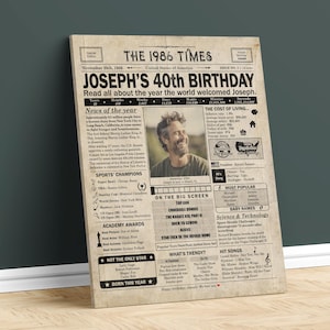 40th Birthday newspaper poster, Printable 40th birthday party decor, Birthday poster containing news & highlights from 1986 in USA image 4