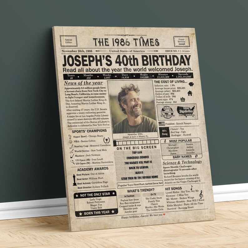 40th Birthday newspaper poster, Printable 40th birthday party decor, Birthday poster containing news & highlights from 1986 in USA image 4