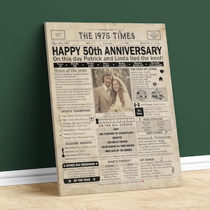 May include: A vintage newspaper style print with the headline "The 1975 Times" celebrating a 50th anniversary. The newspaper features a photo of a couple, news headlines, and a section on the cost of living in 1975.