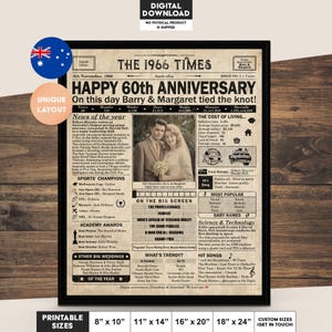 60th Anniversary gift for parents | Printable anniversary party decor | Couple's gift | 1966 Poster | AUSTRALIA version | Digital Download image 1
