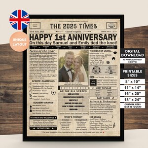 1 year anniversary, 1st anniversary gift for husband or wife, Printable paper anniversary gift containing news & highlights from 2025 in UK image 2