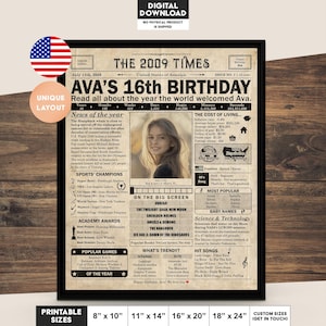 16歳の誕生日の新聞ポスター、印刷可能な16歳の誕生日パーティーの装飾、2009年の米国のニュースとハイライトを含む誕生日ポスター