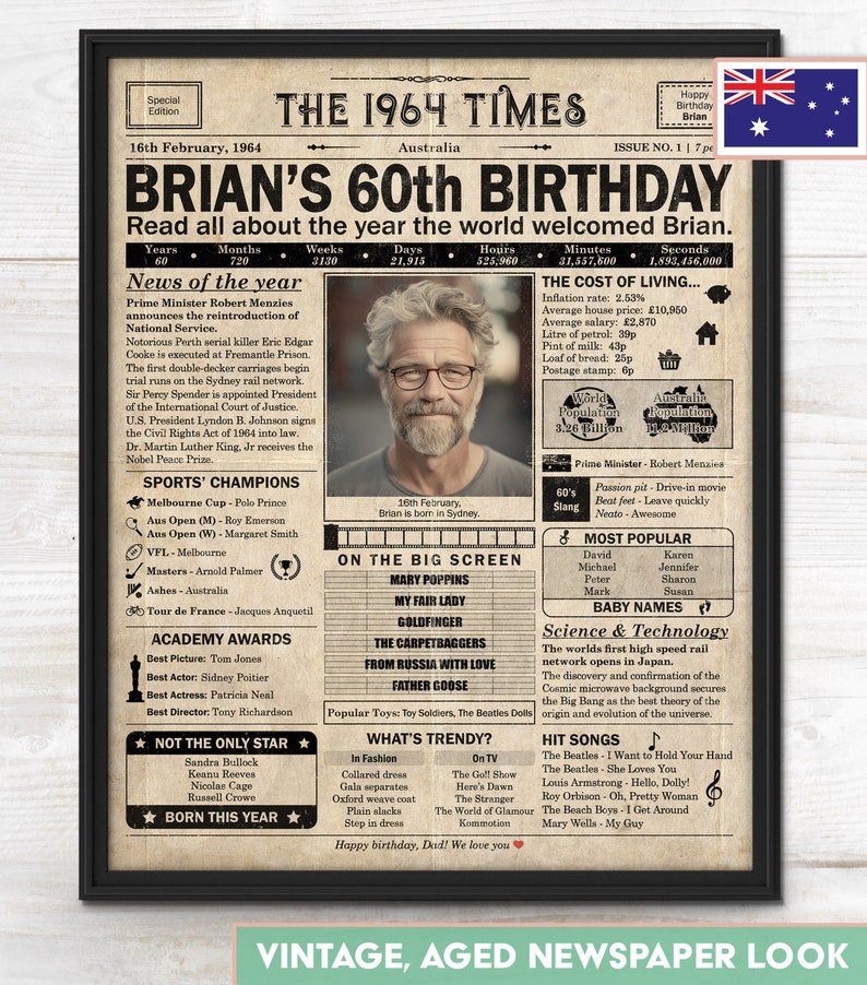 60th Birthday gift for mum or dad Printable birthday decoration 1964 Poster Old newspaper design Australia Digital Download image 1