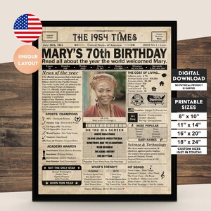 70th Birthday Newspaper Poster, Printable 70th Birthday Party Decor ...