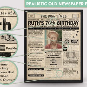 70er Geburtstag Zeitungsplakat, druckbares 70er Geburtstagsparty Dekor, Geburtstagsplakat mit Neuigkeiten und Highlights aus dem Jahr 1956 in den USA Bild 3