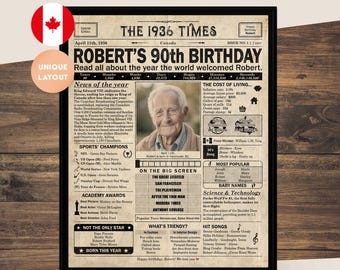 90th Birthday gift for grandma, grandpa, parent | Printable birthday party decor | 1936 Poster | Old newspaper design | Canada | Digital