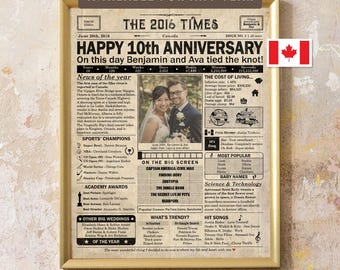 10th Anniversary Gift, Canada Newspaper Poster, Personalized Gift (Digital Download)