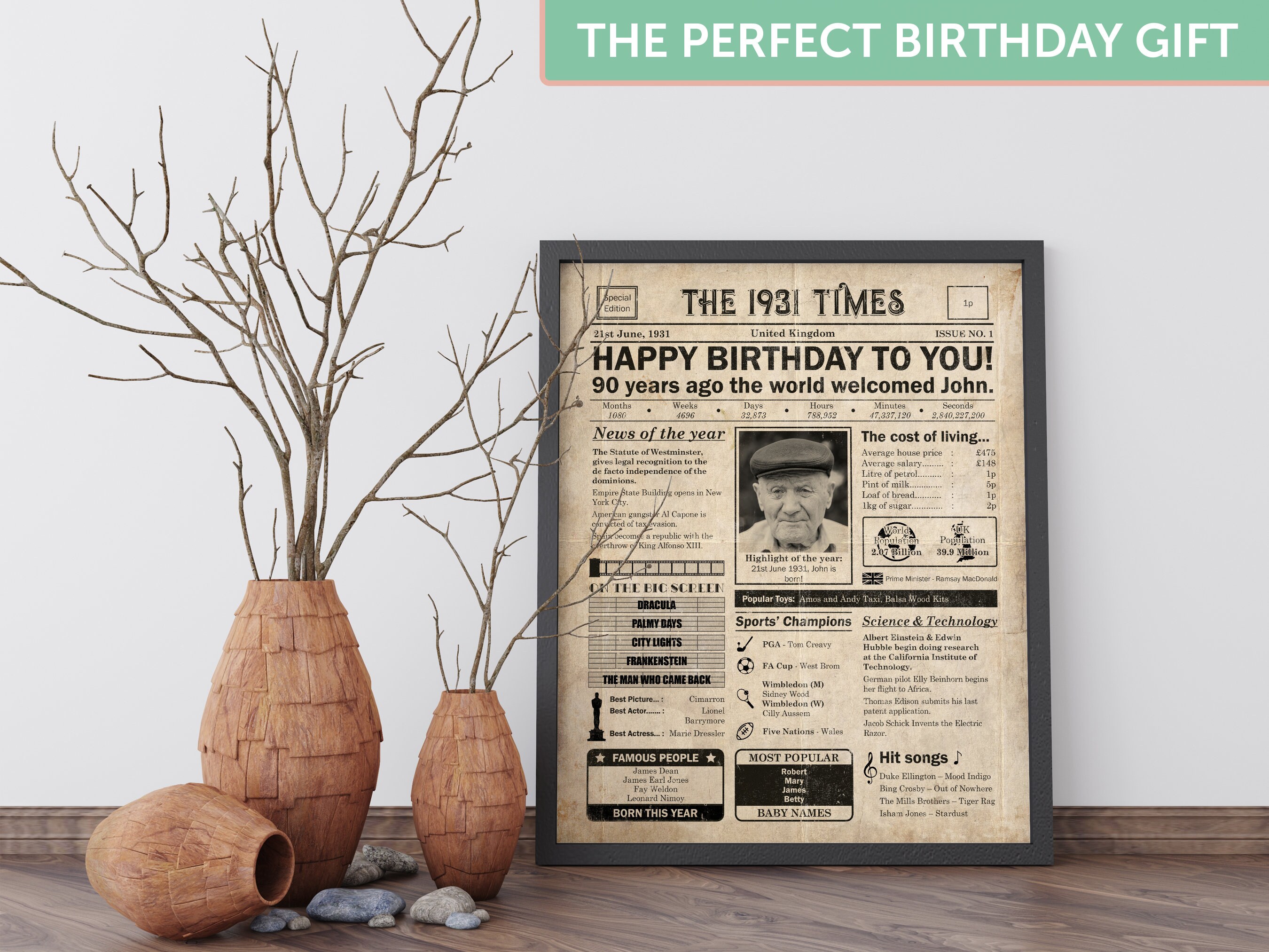 90th BIRTHDAY Gift UK 1931 Poster REALISTIC Newspaper Etsy