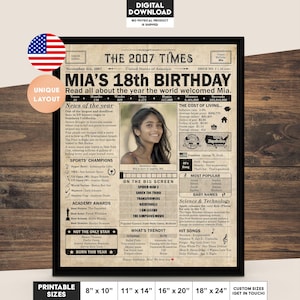 Manifesto del giornale per il 18° compleanno, Decorazione stampabile per la festa del 18° compleanno, Manifesto di compleanno contenente notizie e momenti salienti del 2007 negli USA