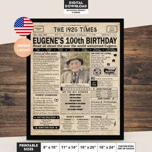 Afiche de periódico del 100.° cumpleaños, decoración imprimible para fiesta del 100.° cumpleaños, póster de cumpleaños que contiene noticias y momentos destacados de 1925 en EE. UU.