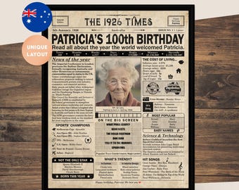 Regalo de cumpleaños número 100 para abuela, abuelo, bisabuelo / Decoración de cumpleaños imprimible / Póster de 1926 / Diseño de periódico / Australia / Digital