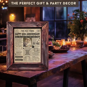 May include: A framed vintage newspaper style print with the headline "The 1965 Times" and the text "Happy 60th Anniversary" with a photo of a couple in the center. The print is on a wooden table with a bowl of fruit and candles in the background.